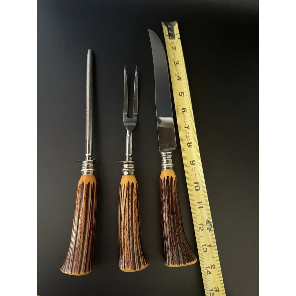 Vintage Sheffield England Carving Set Antler Style Handle Knife Fork Sharpener